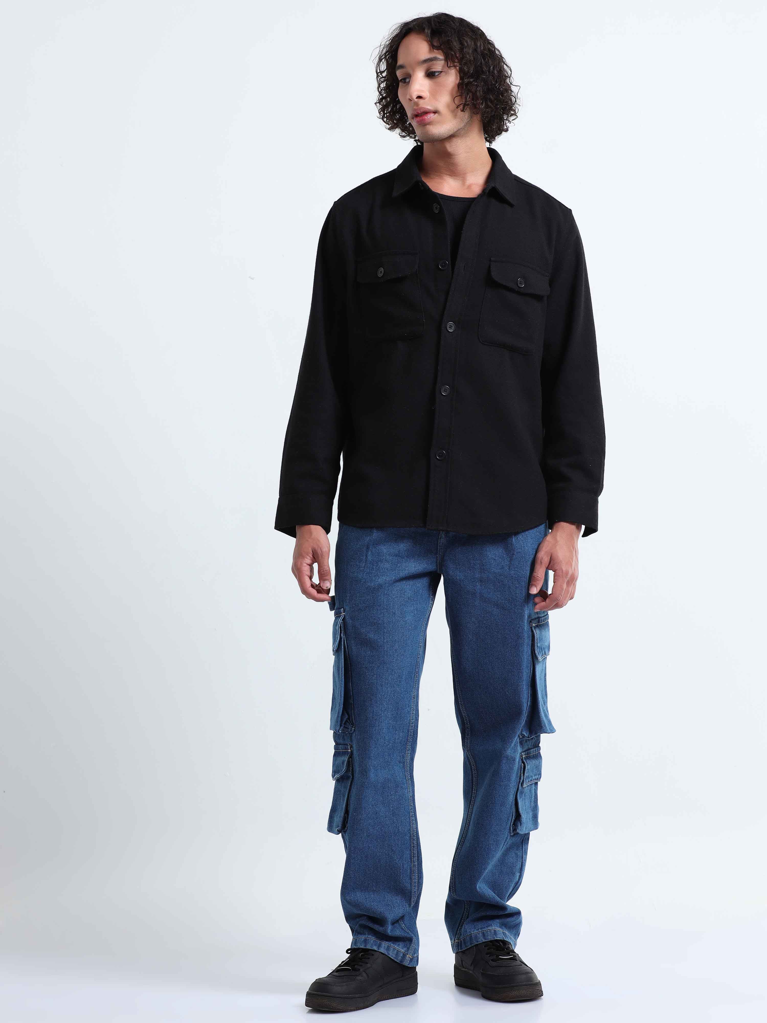 Washed Black Cargo Pocket Long Sleeve Denim Shirt | PrettyLittleThing